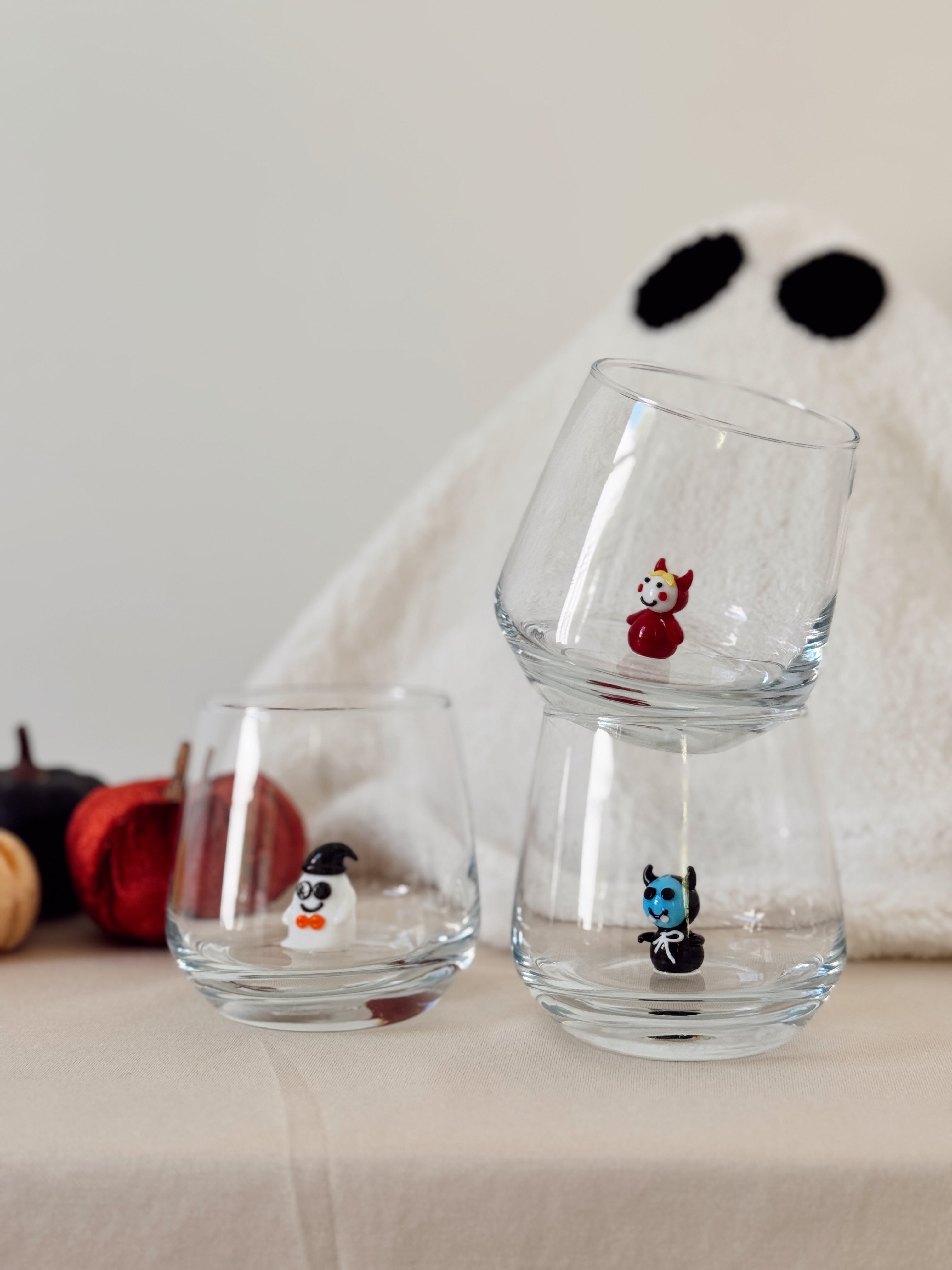 Limited Edition Halloween Wine Glasses – Ghost, Dracula & Evil Murano Figurines – Spooky Stemless Glass Set – Unique Holiday Gift