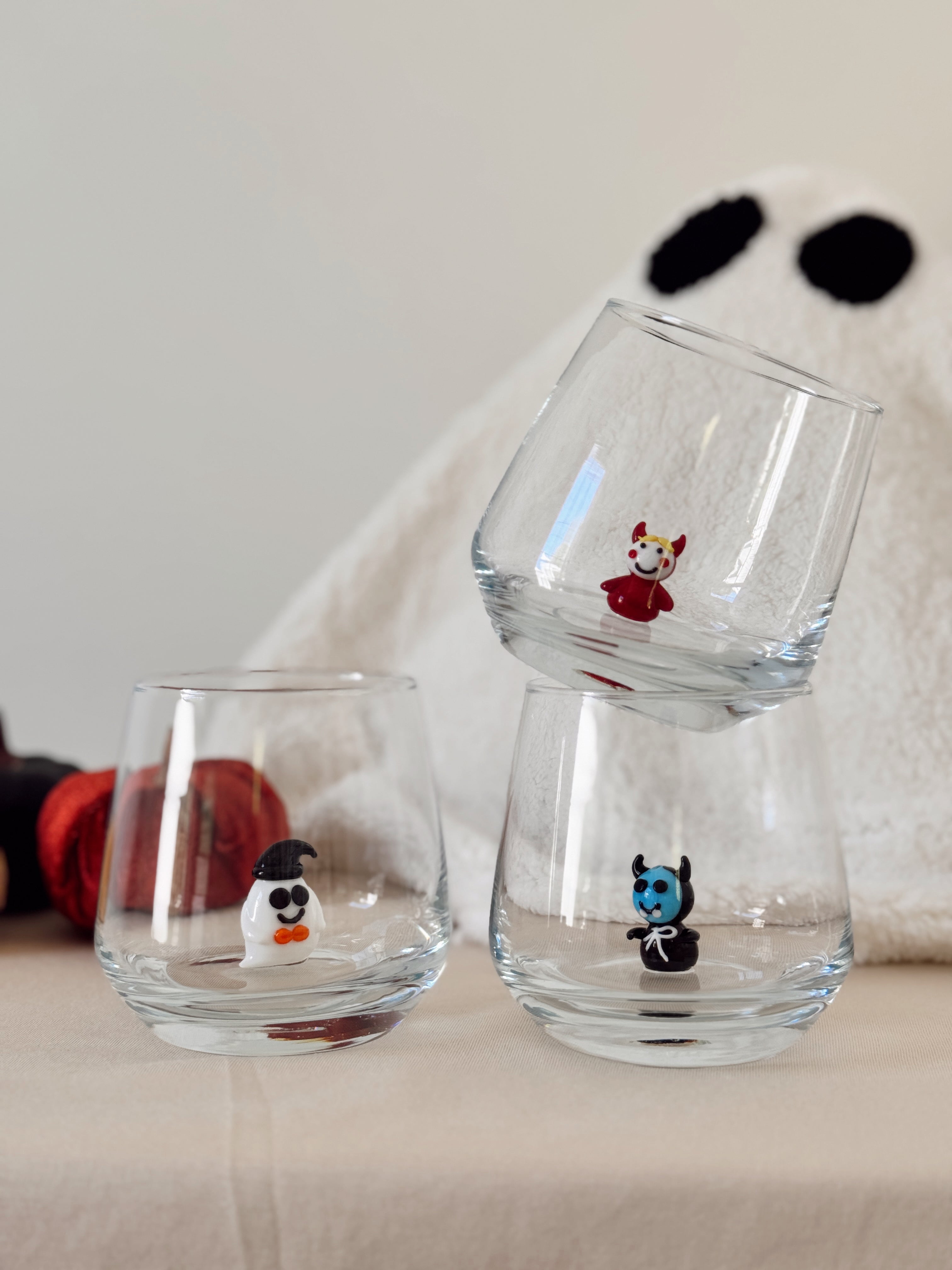 Limited Edition Halloween Wine Glasses – Ghost, Dracula & Evil Murano Figurines – Spooky Stemless Glass Set – Unique Holiday Gift