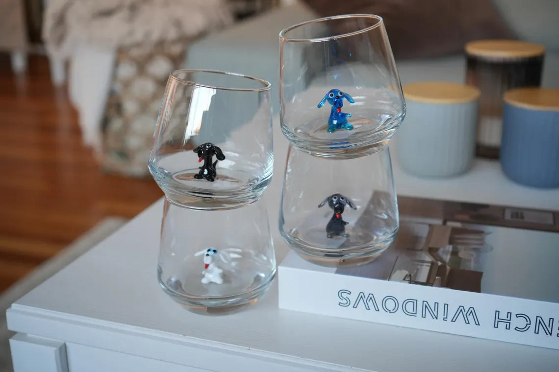 Set of 4 Silly Dog Murano Glass Figures – Handmade Animal Collectibles, Unique Gift for Dog Lovers
