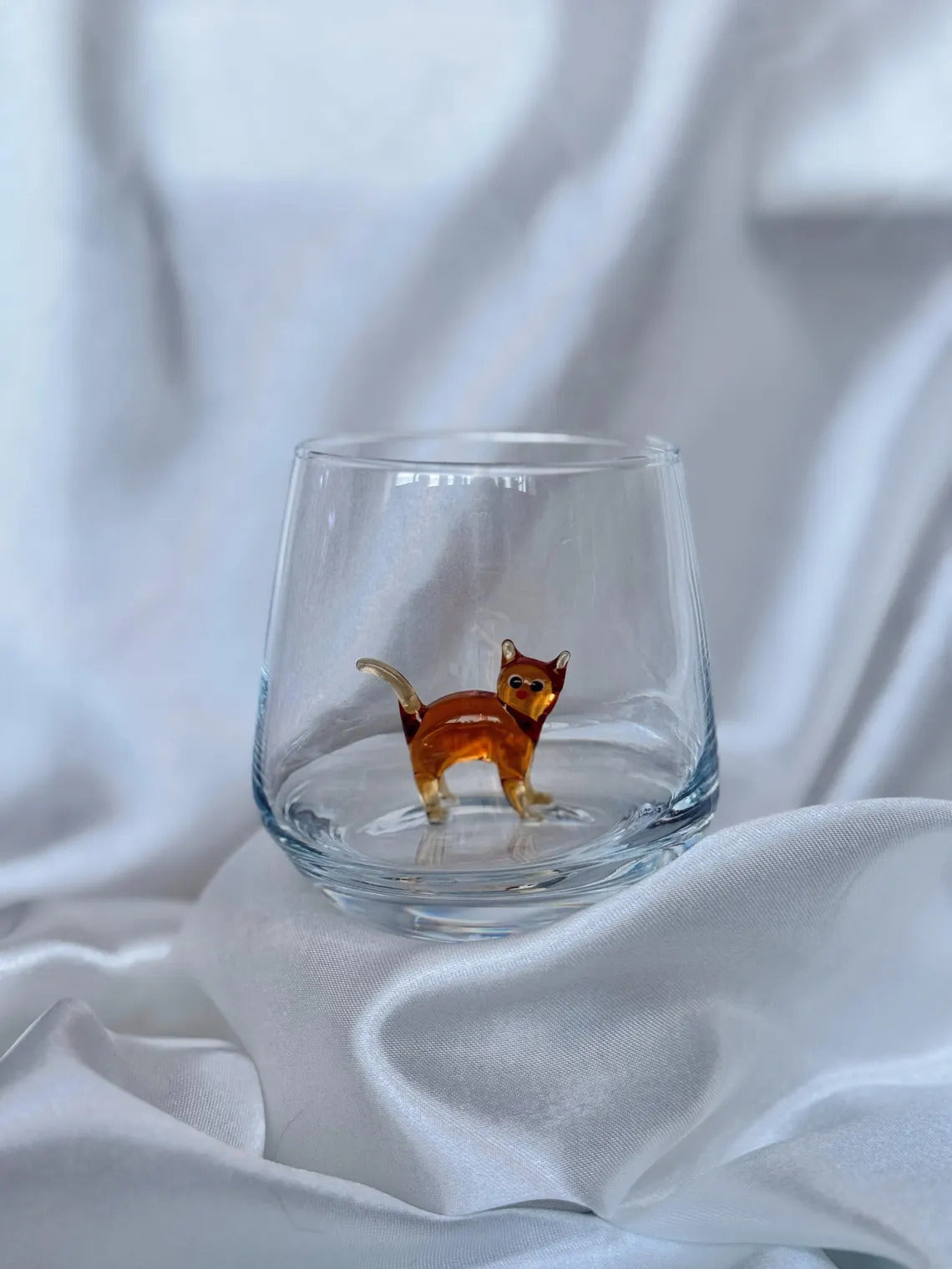 Drinking Murano Glass with Cat Figurine Wine Glass Wine Lover Gift Funny Wine Glass Wine Gifts Stemless Wine Glass