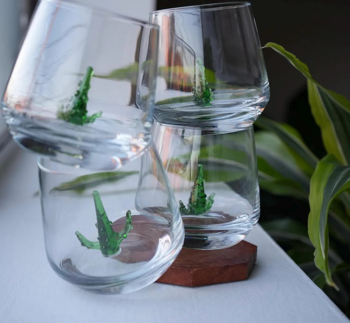 Tiny Cactus Murano Glass Cups – Handmade Nature Drinkware, Unique Plant Lover Gift