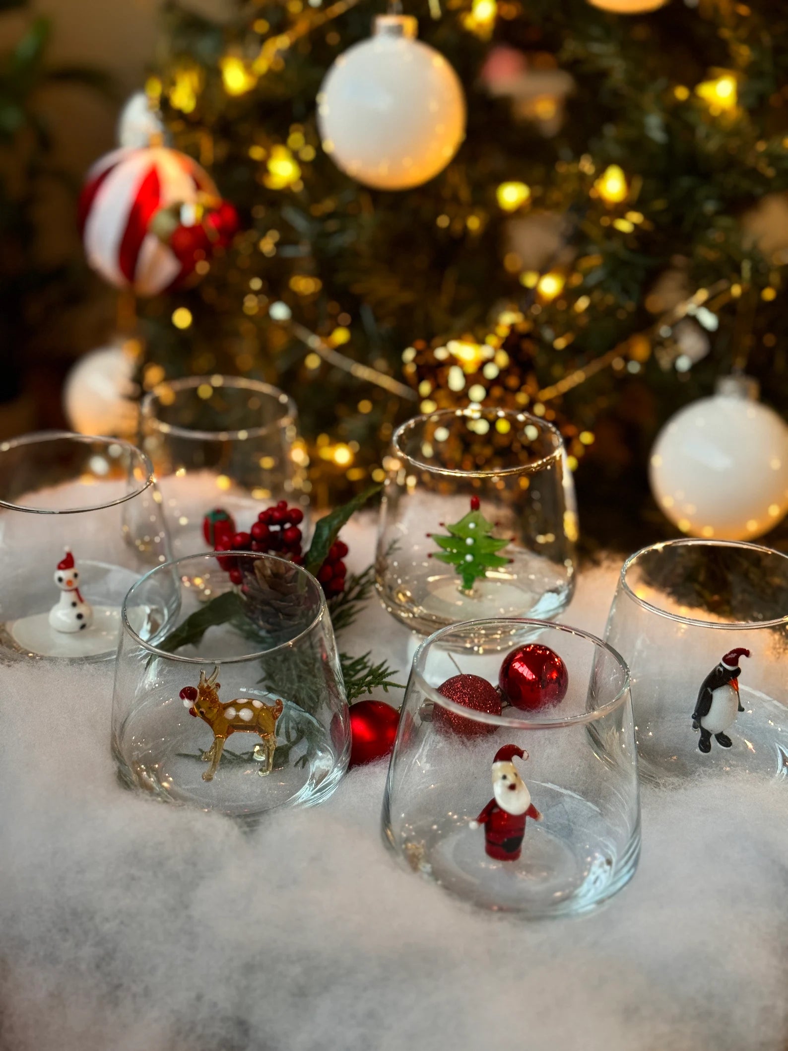 Murano Glass Christmas Cups | Stemless Wine Glass | Santa Figurine Cup | Cocktail Glasses | Holiday Party Decor | Set of 6 Cups