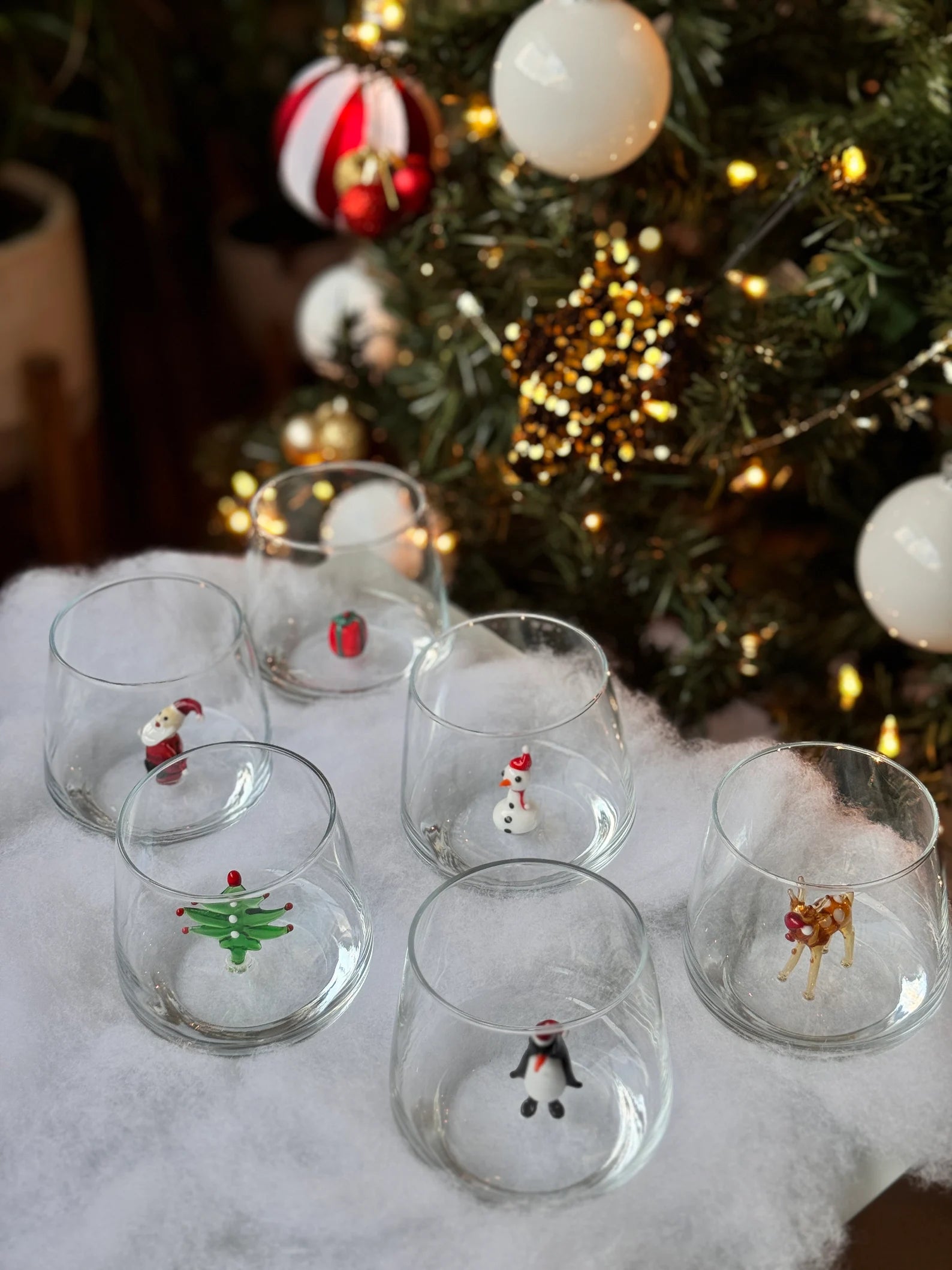 Murano Glass Christmas Cups | Stemless Wine Glass | Santa Figurine Cup | Cocktail Glasses | Holiday Party Decor | Set of 6 Cups