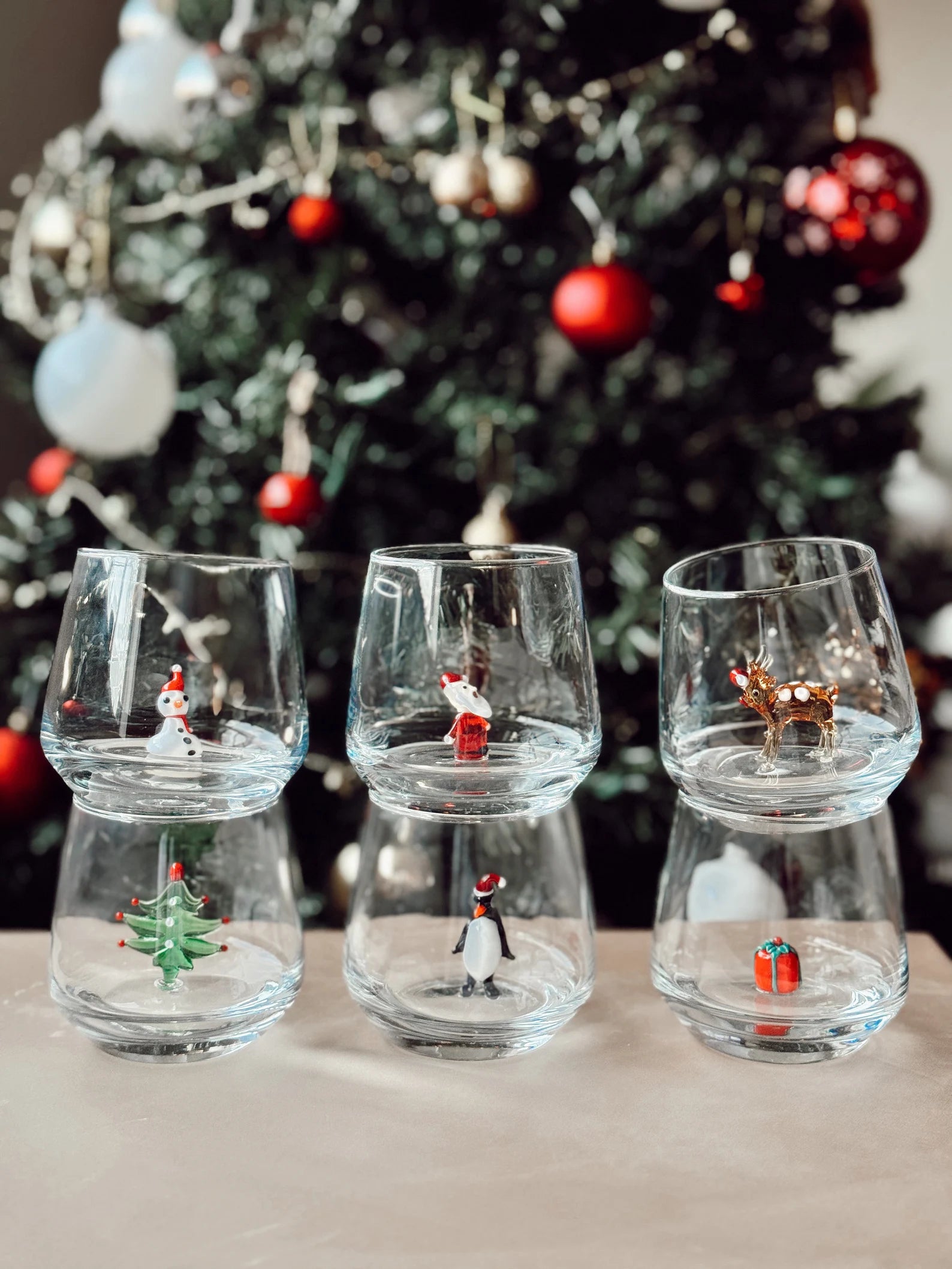 Murano Glass Christmas Cups | Stemless Wine Glass | Santa Figurine Cup | Cocktail Glasses | Holiday Party Decor | Set of 6 Cups