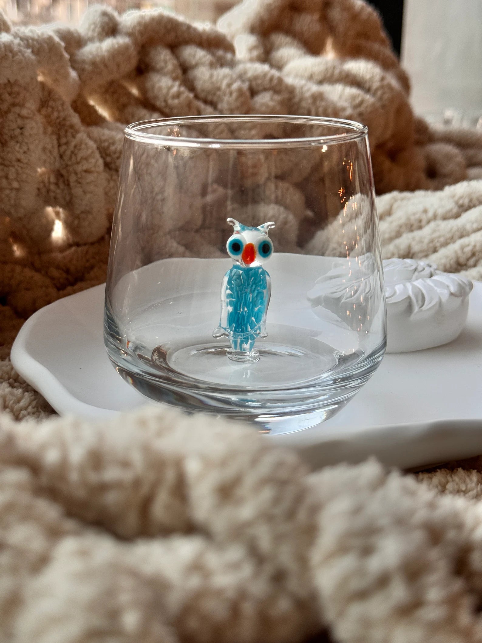 Tiny Owl Murano Glass Cups – Handmade Nature Drinkware, Unique Collectible Gift