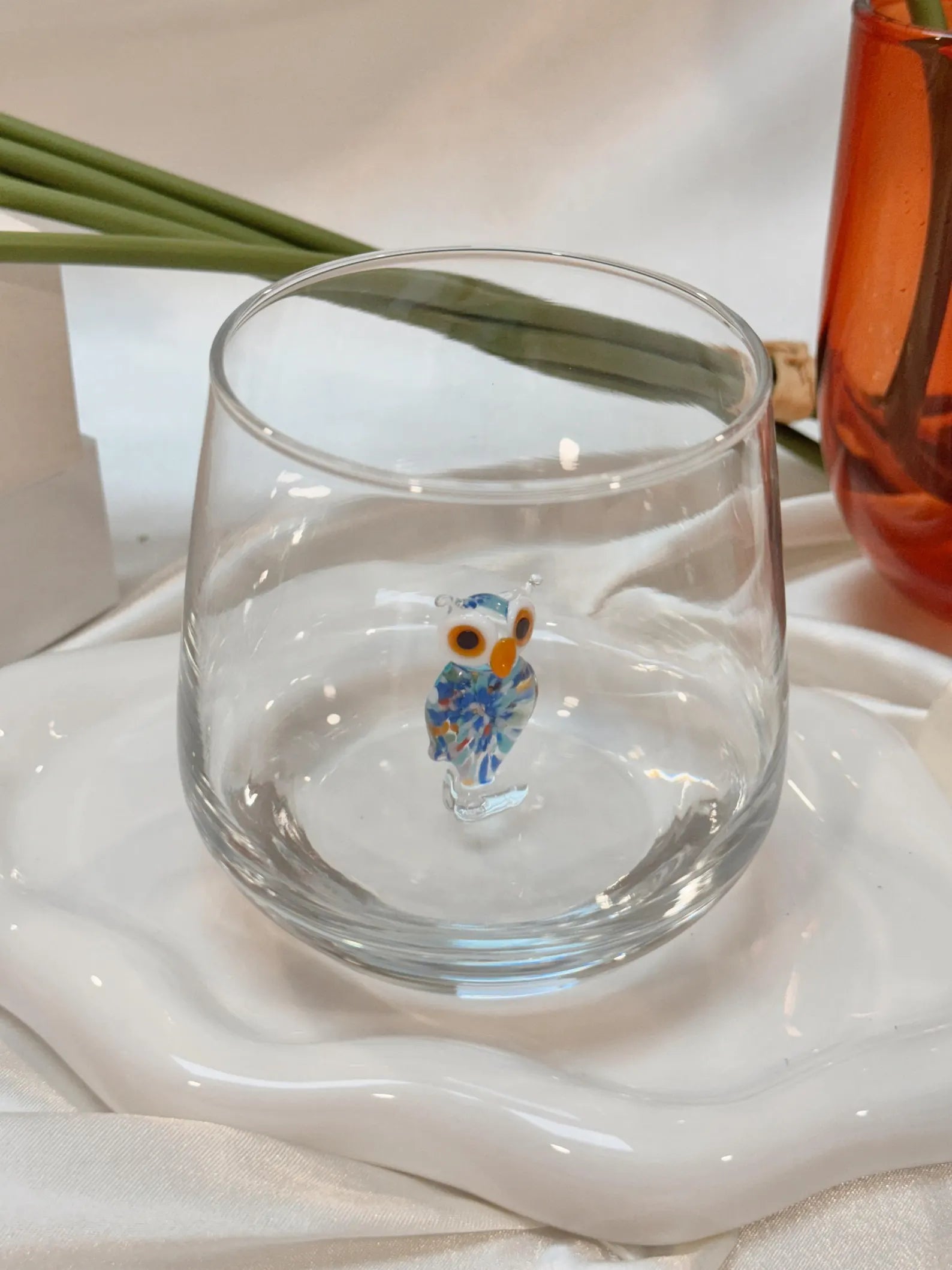 Tiny Owl Murano Glass Cups – Handmade Nature Drinkware, Unique Collectible Gift