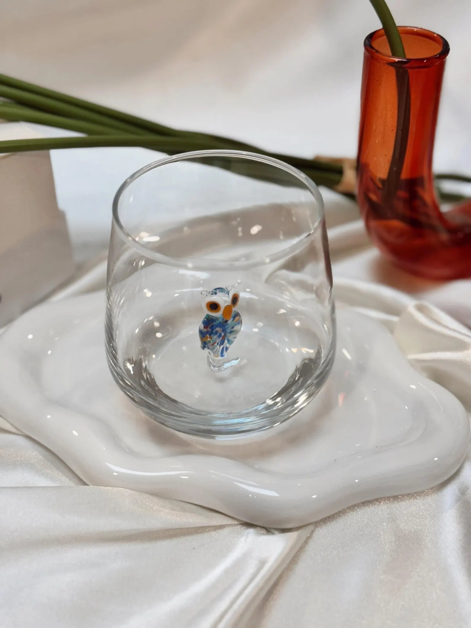 Tiny Owl Murano Glass Cups – Handmade Nature Drinkware, Unique Collectible Gift