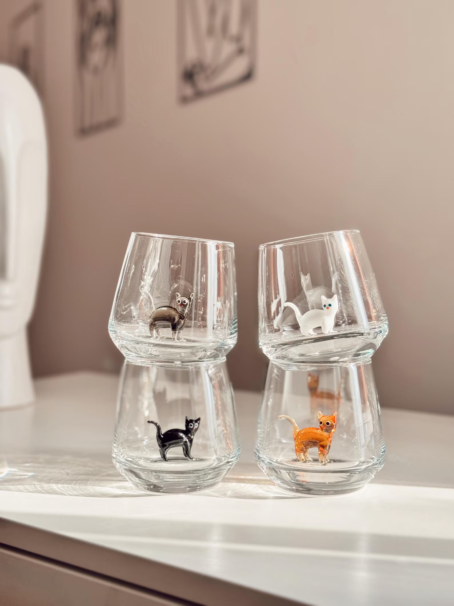 Drinking Murano Glass with Cat Figurine Wine Glass Wine Lover Gift Funny Wine Glass Wine Gifts Stemless Wine Glass
