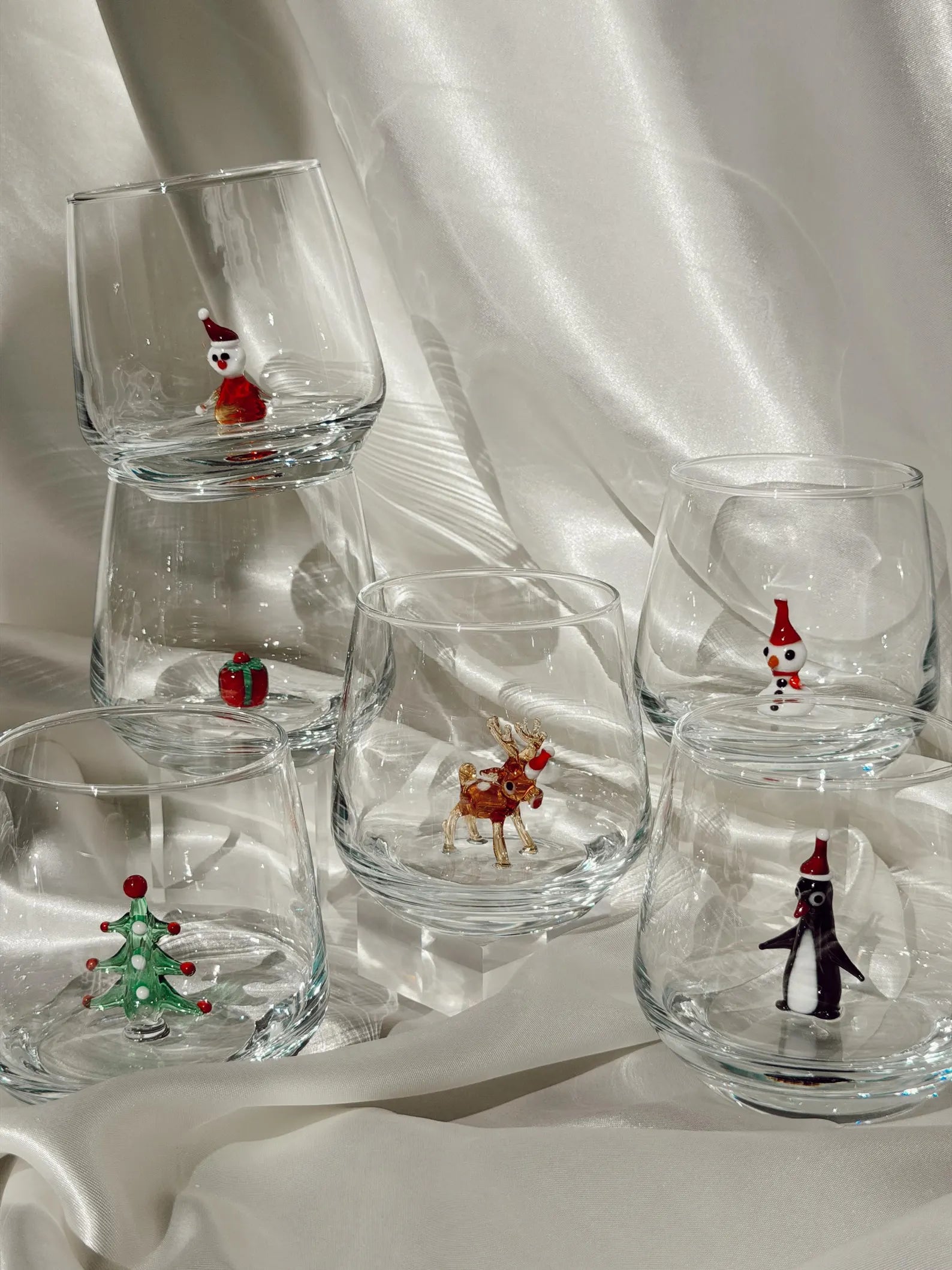 Murano Glass Christmas Cups | Stemless Wine Glass | Santa Figurine Cup | Cocktail Glasses | Holiday Party Decor | Set of 6 Cups