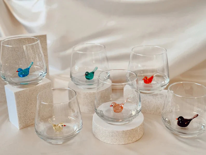 Tiny Bird Murano Glass Cups – Handmade Elegant Drinkware, Unique Bird Lover Gift