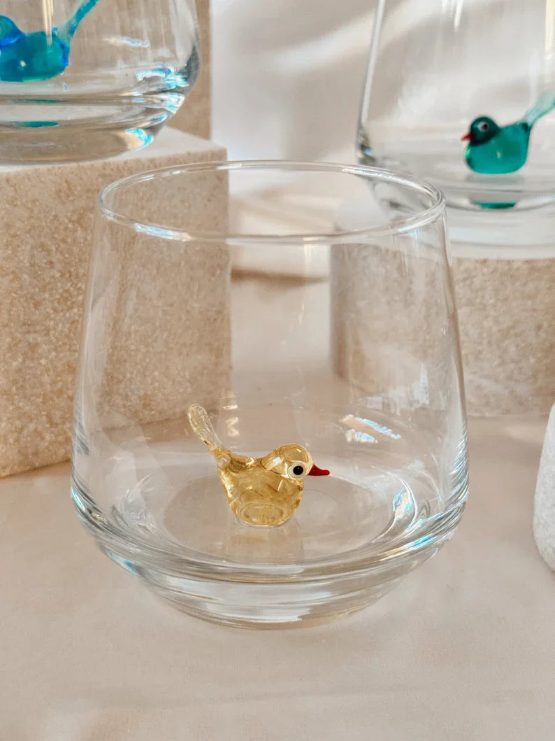 Tiny Bird Murano Glass Cups – Handmade Elegant Drinkware, Unique Bird Lover Gift