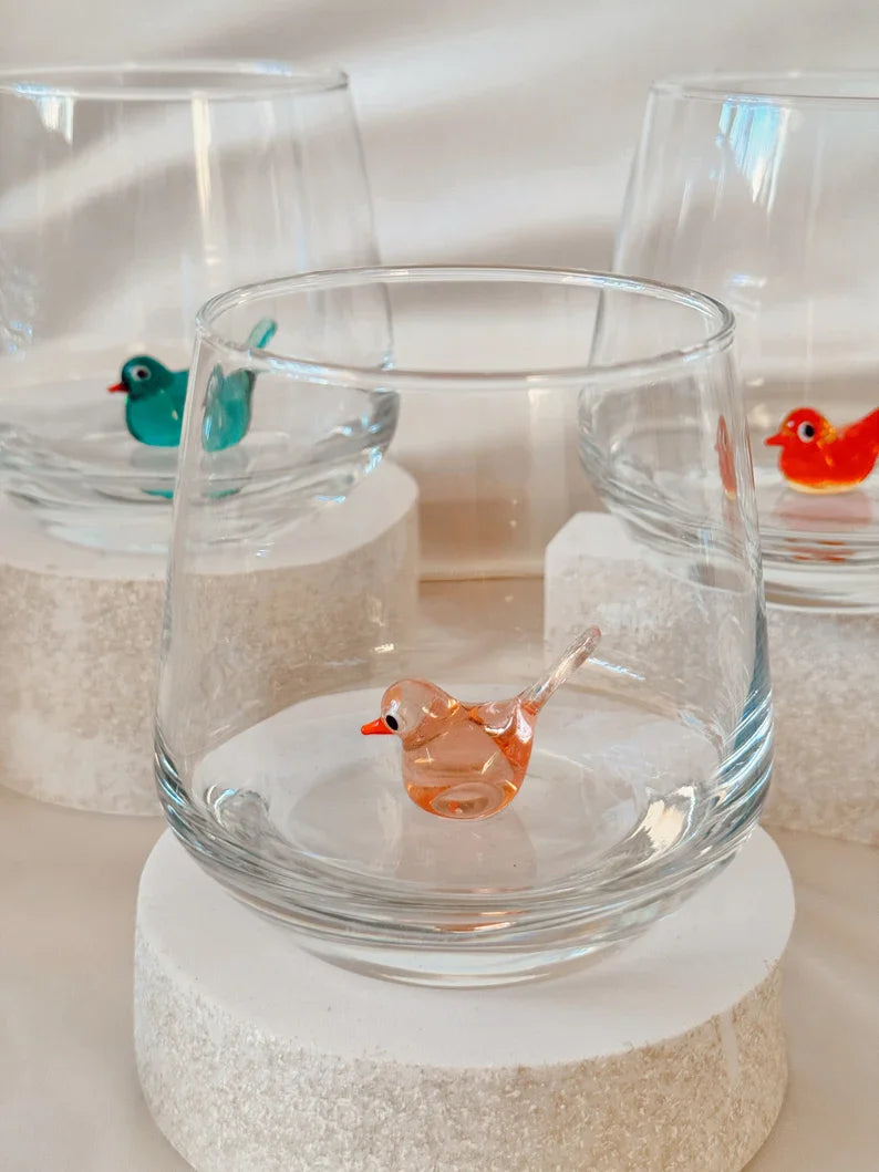 Tiny Bird Murano Glass Cups – Handmade Elegant Drinkware, Unique Bird Lover Gift