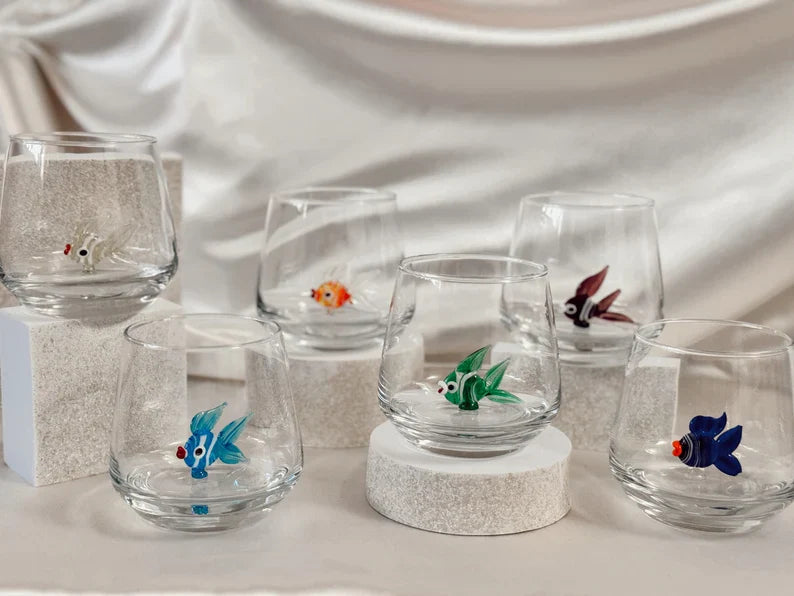 Tiny Fish Murano Glass Cups – Handmade Aquatic Drinkware, Unique Marine Lover Gift