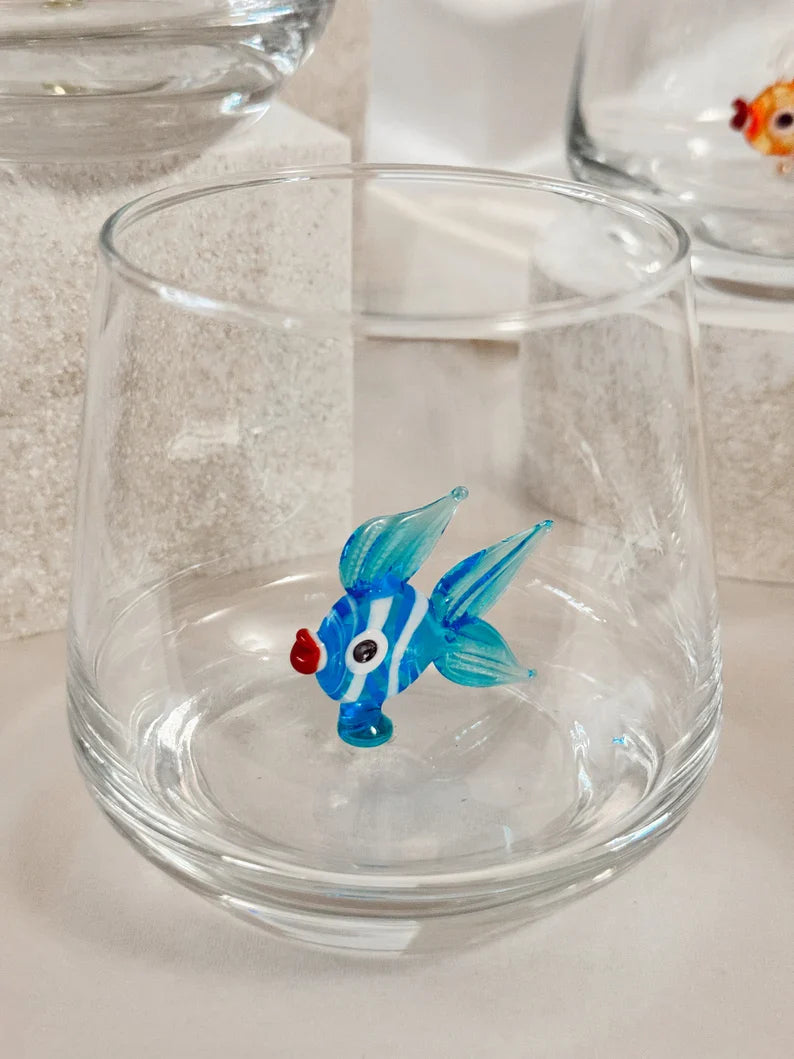 Tiny Fish Murano Glass Cups – Handmade Aquatic Drinkware, Unique Marine Lover Gift