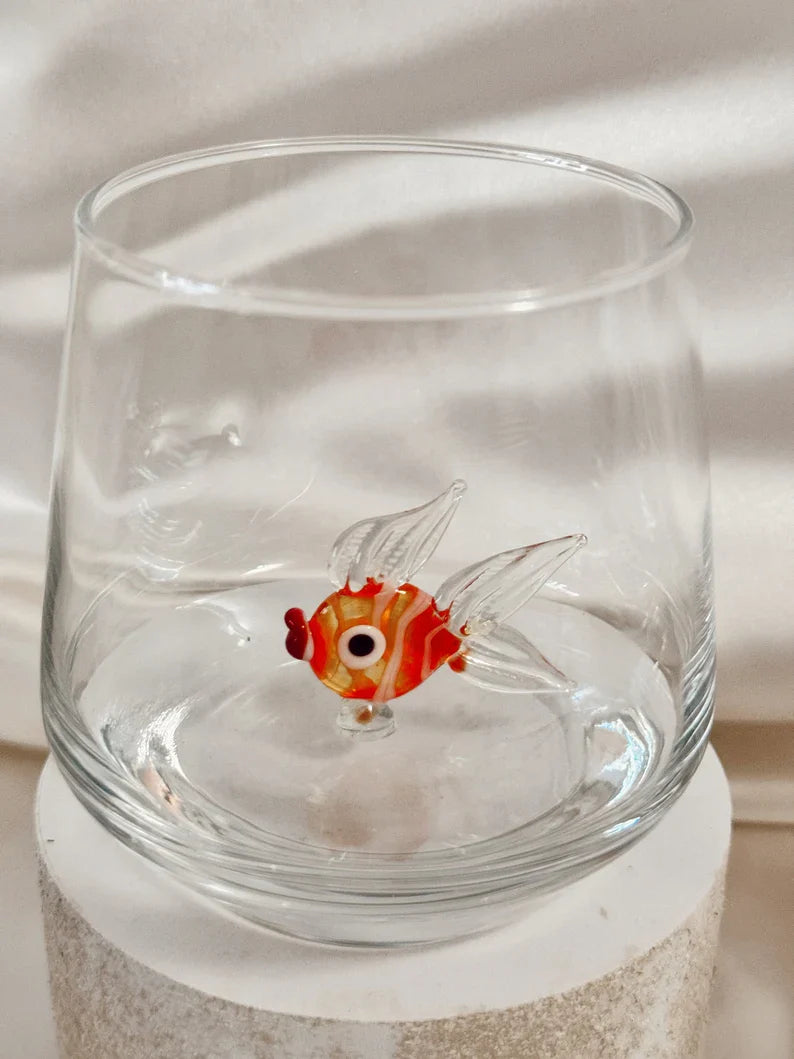 Tiny Fish Murano Glass Cups – Handmade Aquatic Drinkware, Unique Marine Lover Gift