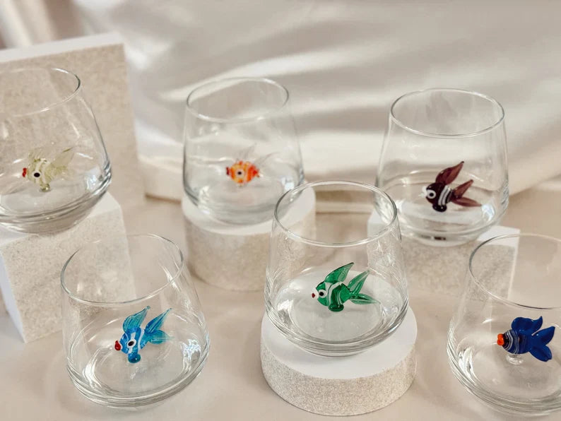 Tiny Fish Murano Glass Cups – Handmade Aquatic Drinkware, Unique Marine Lover Gift
