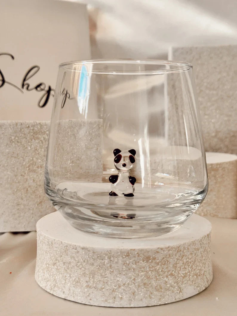 Tiny Panda Murano Glass Cups – Handmade Unique Animal Drinkware, Collectible Gift