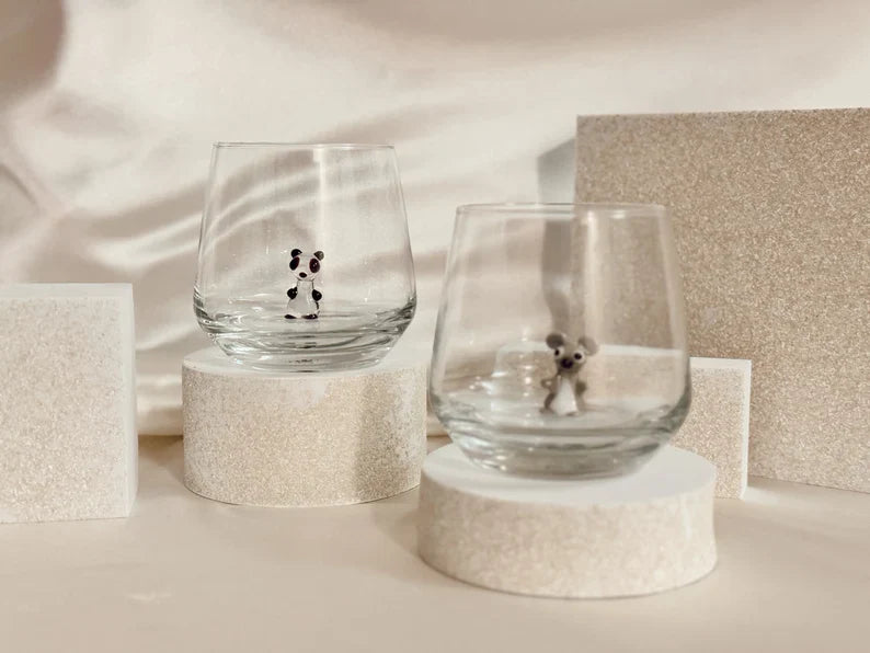 Tiny Panda Murano Glass Cups – Handmade Unique Animal Drinkware, Collectible Gift