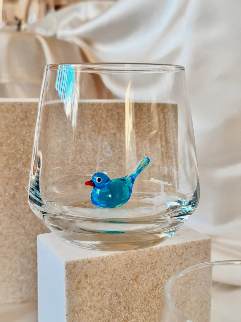 Tiny Bird Murano Glass Cups – Handmade Elegant Drinkware, Unique Bird Lover Gift