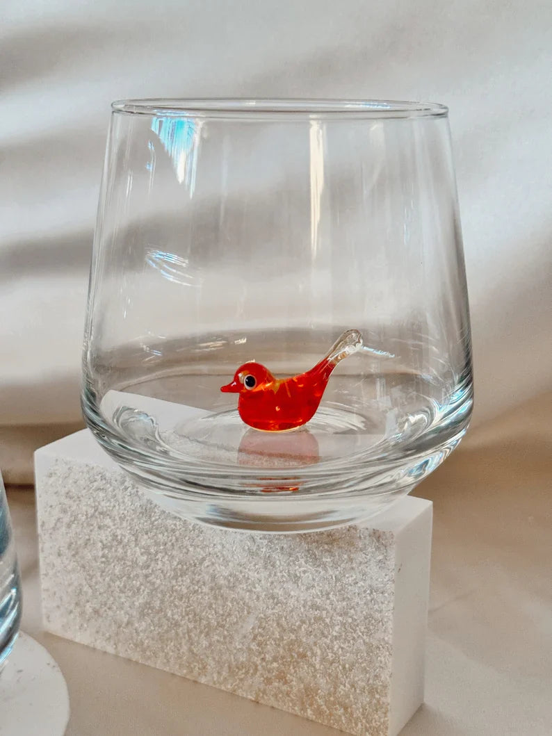 Tiny Bird Murano Glass Cups – Handmade Elegant Drinkware, Unique Bird Lover Gift