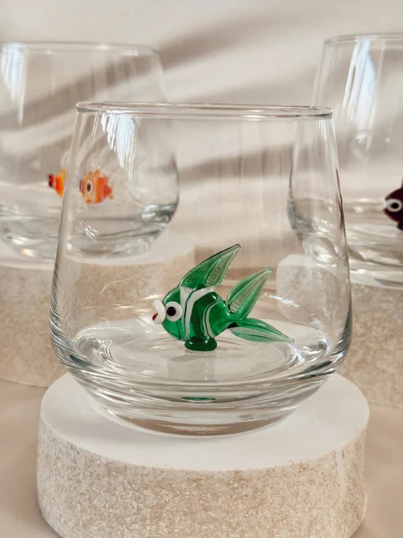 Tiny Fish Murano Glass Cups – Handmade Aquatic Drinkware, Unique Marine Lover Gift
