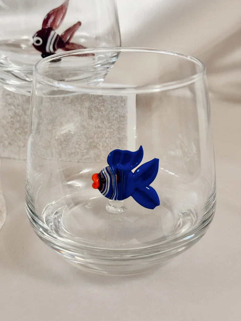 Tiny Fish Murano Glass Cups – Handmade Aquatic Drinkware, Unique Marine Lover Gift