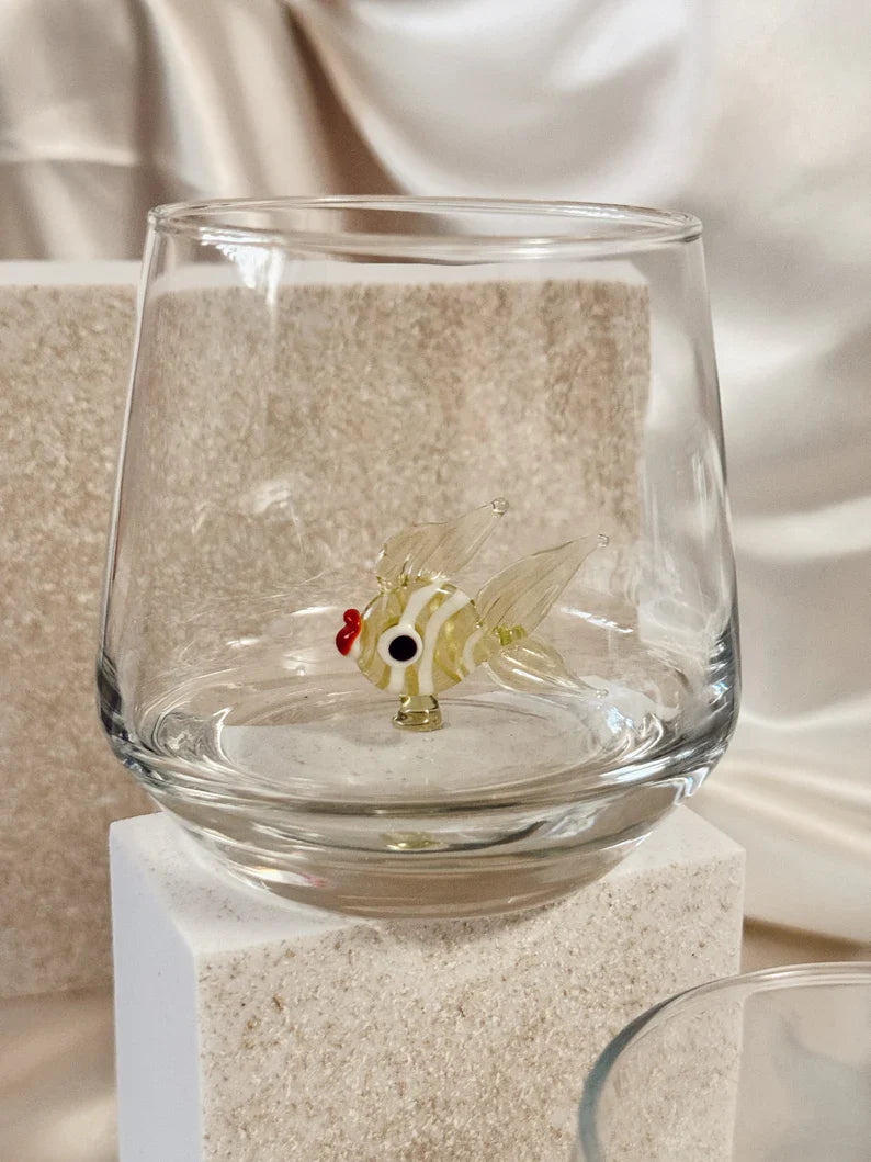 Tiny Fish Murano Glass Cups – Handmade Aquatic Drinkware, Unique Marine Lover Gift