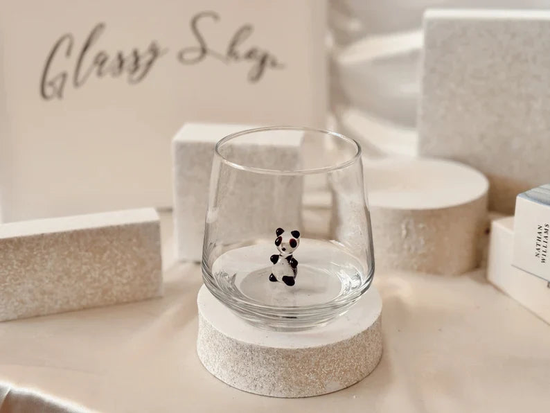 Tiny Panda Murano Glass Cups – Handmade Unique Animal Drinkware, Collectible Gift
