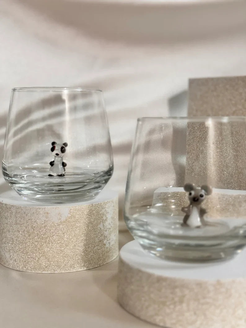 Tiny Panda Murano Glass Cups – Handmade Unique Animal Drinkware, Collectible Gift