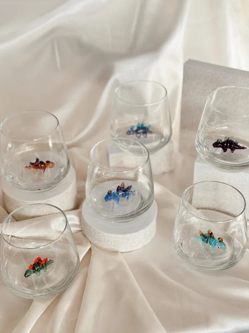 Set of 6 Dinosaur Wine Glasses – Handmade Murano Glass Drinkware, Unique Animal Gift