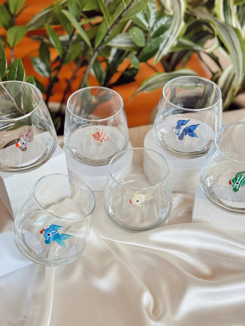 Tiny Fish Murano Glass Cups – Handmade Aquatic Drinkware, Unique Marine Lover Gift