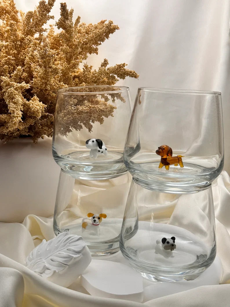 4-Piece Dog Wine Glass Set – Handmade Murano Glass Dog Drinkware, Unique Animal Stemless Glasses Gift