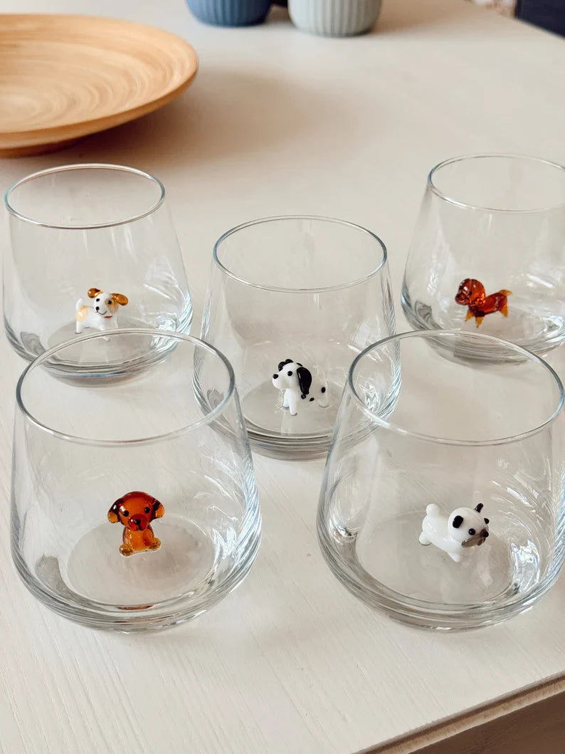 5-Piece Dog Wine Glass Set – Handmade Murano Glass Dog Drinkware, Unique Animal Stemless Glass Gift