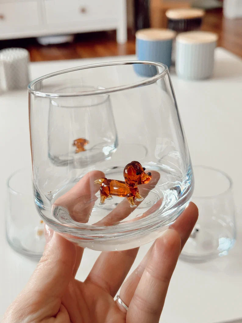 5-Piece Dog Wine Glass Set – Handmade Murano Glass Dog Drinkware, Unique Animal Stemless Glass Gift
