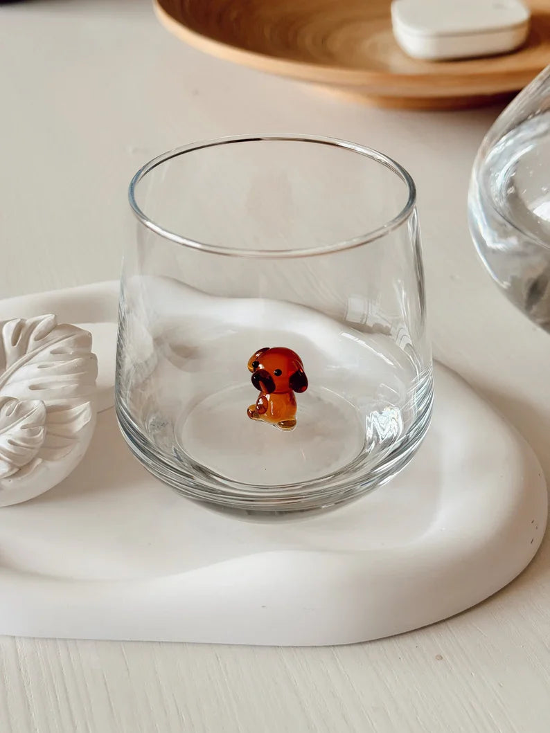 Handmade Murano Teddy Sitting Dog Glass Cups – Tiny Dog Glassware, Perfect Gift for Dog Lovers