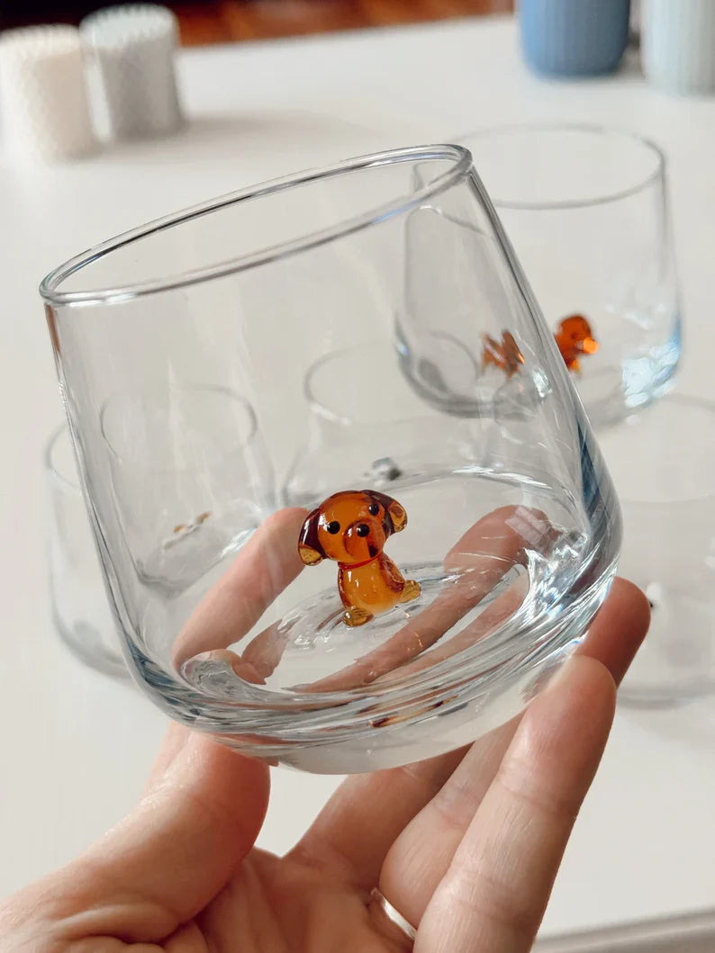 5-Piece Dog Wine Glass Set – Handmade Murano Glass Dog Drinkware, Unique Animal Stemless Glass Gift