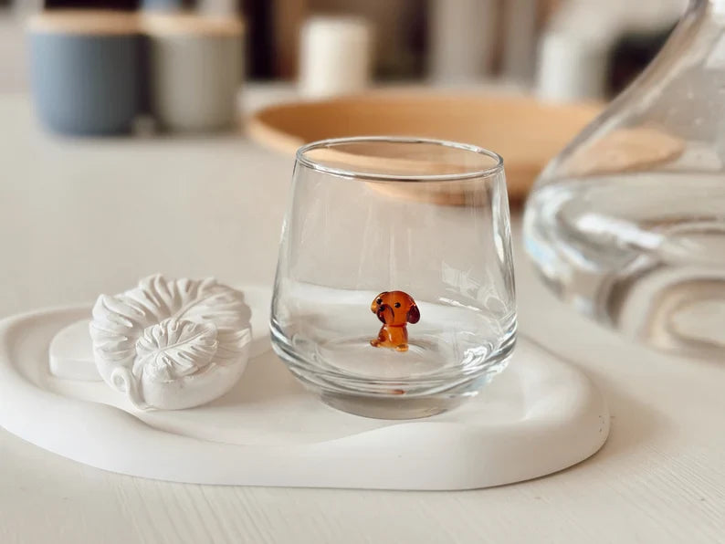 Handmade Murano Teddy Sitting Dog Glass Cups – Tiny Dog Glassware, Perfect Gift for Dog Lovers