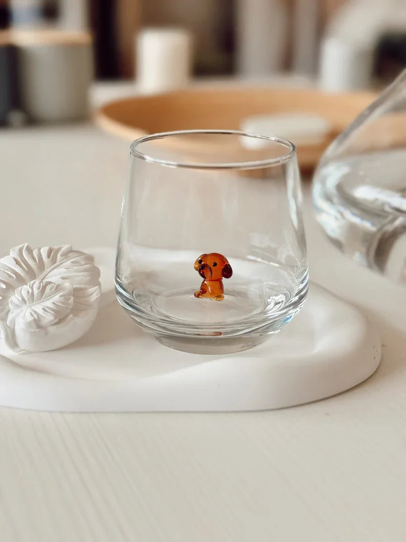Handmade Murano Teddy Sitting Dog Glass Cups – Tiny Dog Glassware, Perfect Gift for Dog Lovers