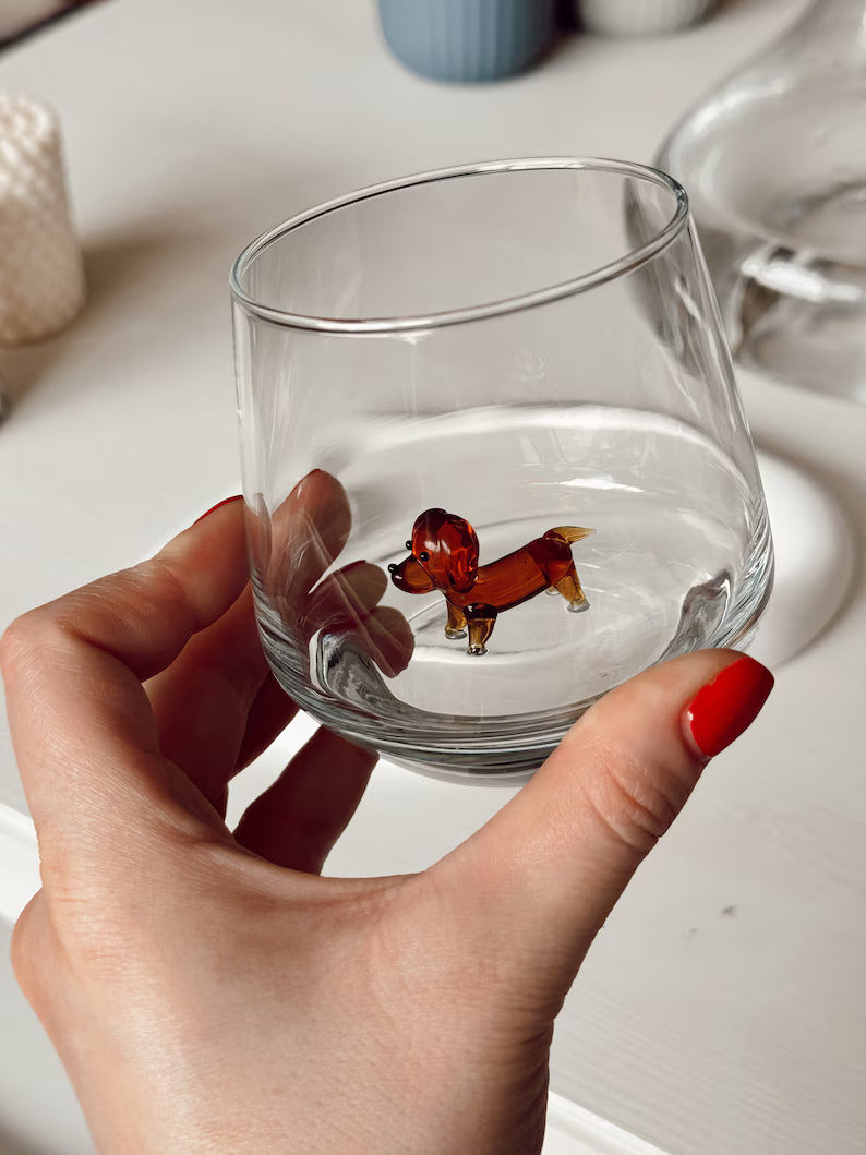 Tiny Dachshund Murano Glass Cups – Handmade Dog Drinkware, Unique Gift for Dog Lovers
