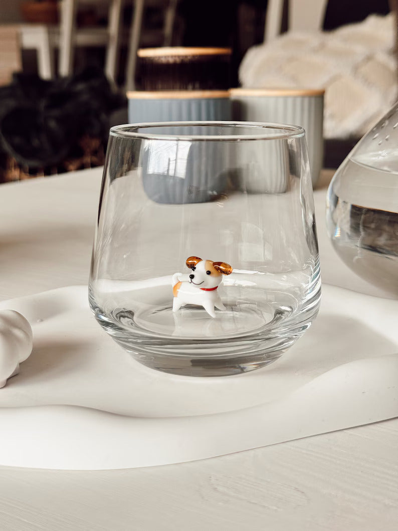 Tiny Jack Russell Terrier Murano Glass Cups – Handmade Artisan Dog Drinkware, Unique Gift
