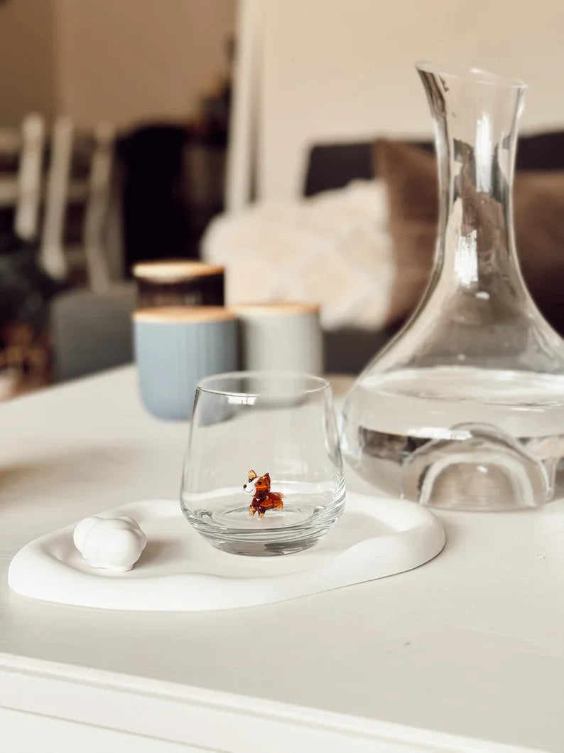 Tiny Corgi Murano Glass Cups – Handmade Artisan Dog Drinkware, Unique Gift for Dog Lovers