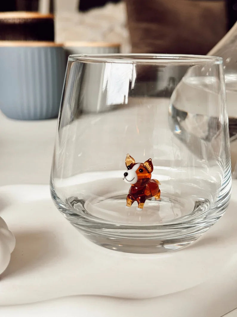 Tiny Corgi Murano Glass Cups – Handmade Artisan Dog Drinkware, Unique Gift for Dog Lovers