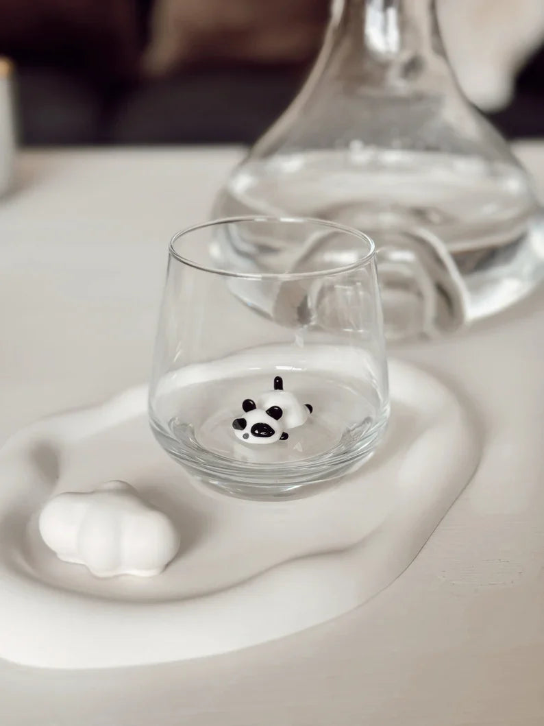 Tiny Lazy Panda Murano Glass Cups – Handmade Animal Drinkware, Unique Collectible Gift