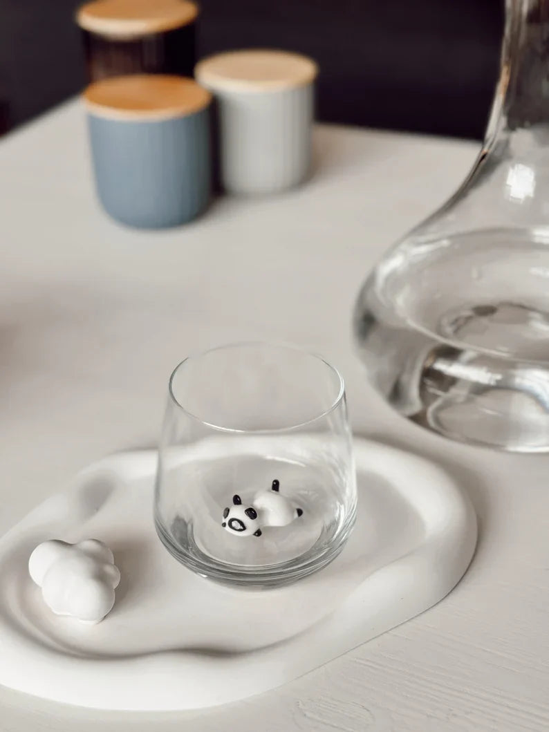 Tiny Lazy Panda Murano Glass Cups – Handmade Animal Drinkware, Unique Collectible Gift