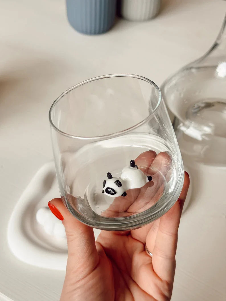 Tiny Lazy Panda Murano Glass Cups – Handmade Animal Drinkware, Unique Collectible Gift
