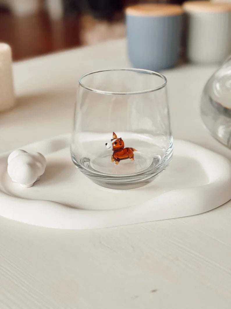 Tiny Corgi Murano Glass Cups – Handmade Artisan Dog Drinkware, Unique Gift for Dog Lovers