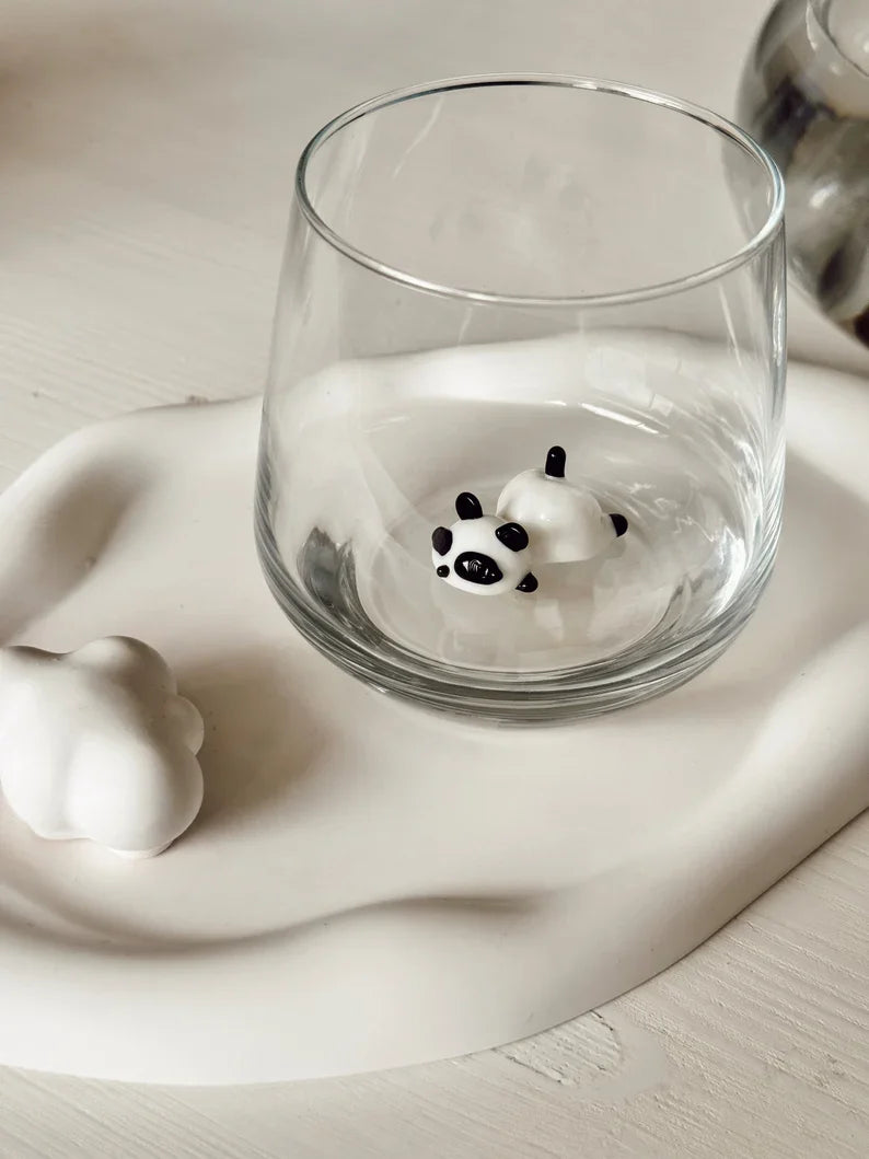 Tiny Lazy Panda Murano Glass Cups – Handmade Animal Drinkware, Unique Collectible Gift