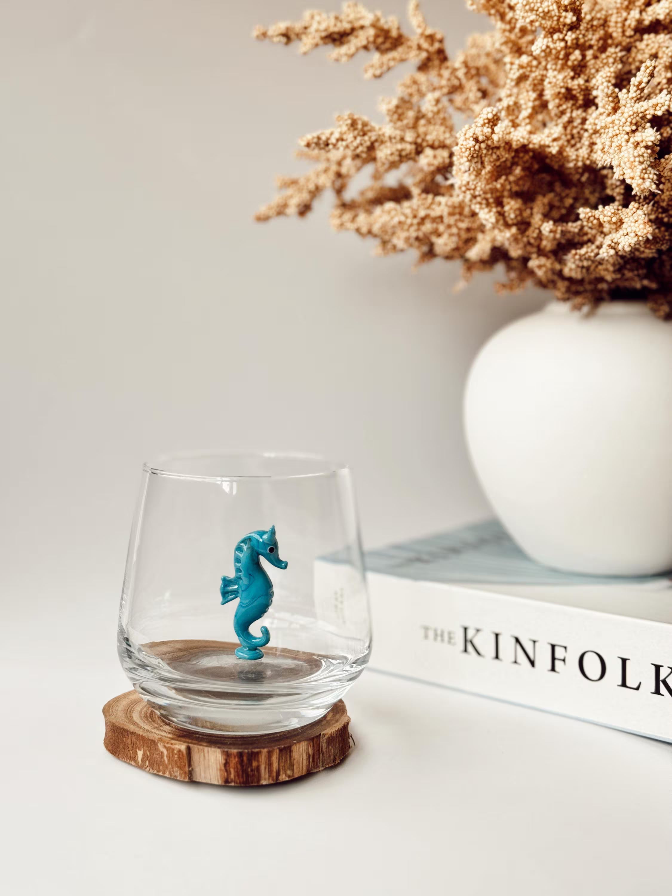 Ocean Figurine Glass Set of 3 Handmade Murano Glass Cups Dolphin, Seahorse Fish Glasses Unique Ocean Lover Gift Coastal Drinkware Set of 3