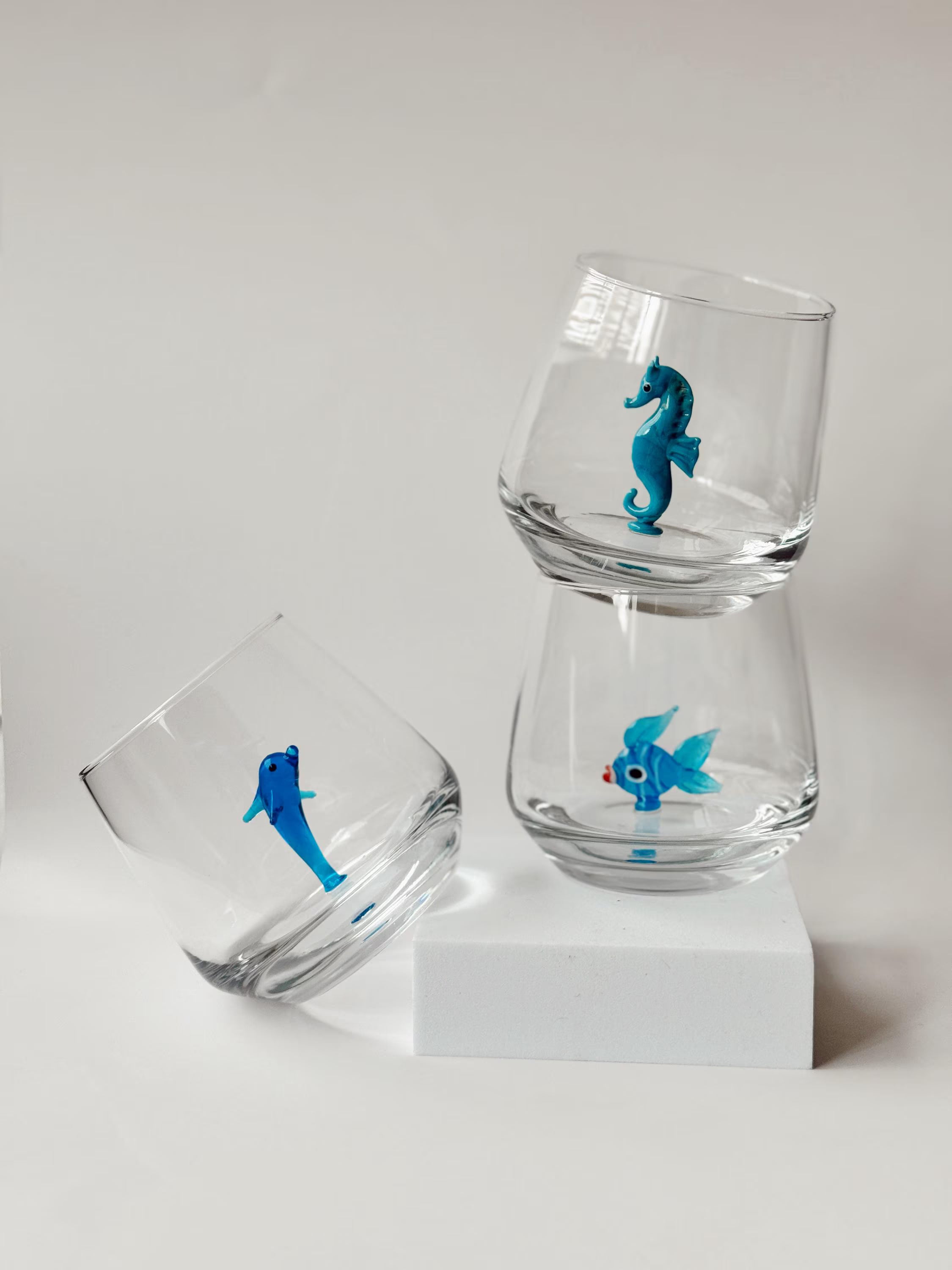 Ocean Figurine Glass Set of 3 Handmade Murano Glass Cups Dolphin, Seahorse Fish Glasses Unique Ocean Lover Gift Coastal Drinkware Set of 3
