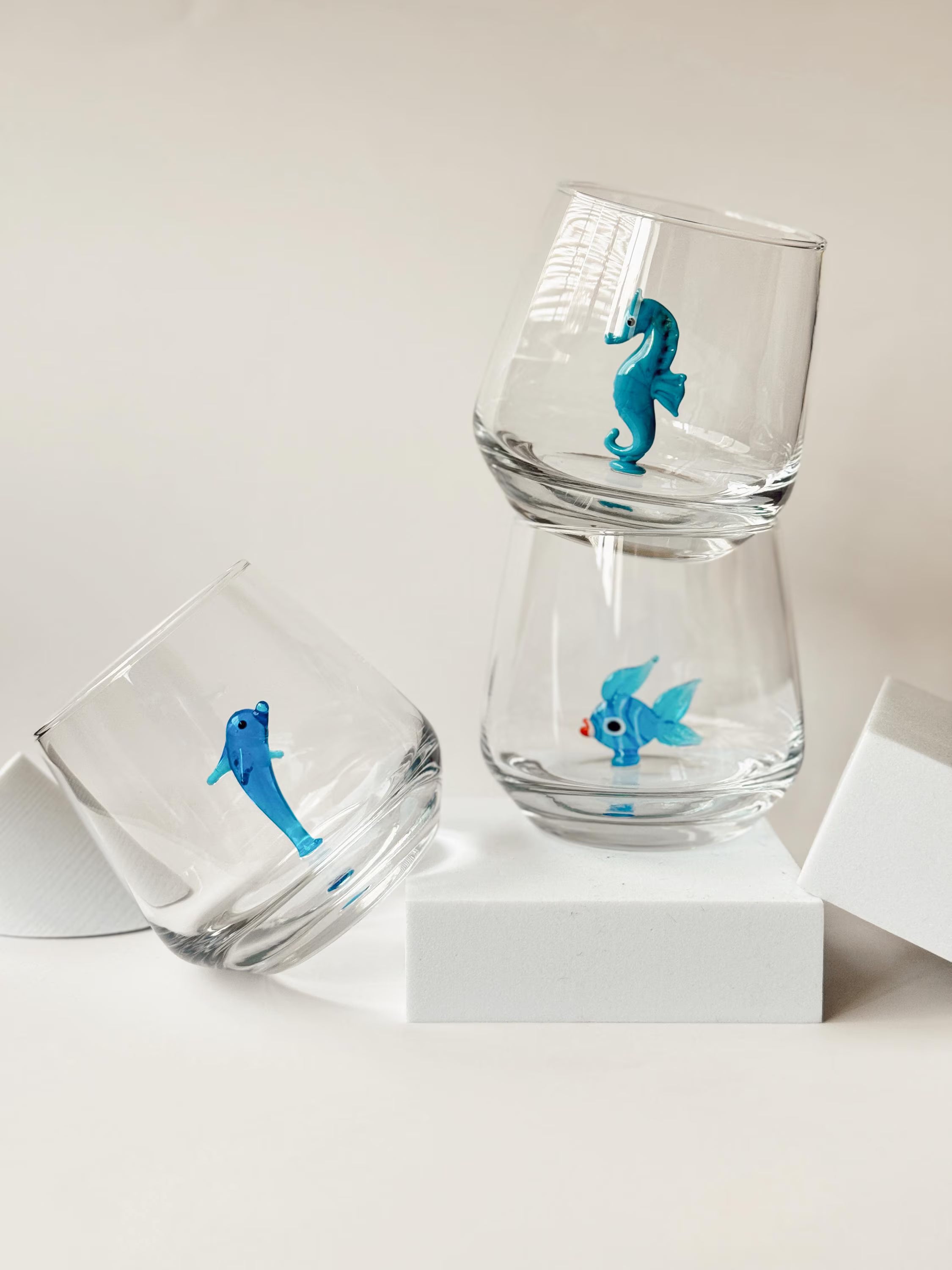 Ocean Figurine Glass Set of 3 Handmade Murano Glass Cups Dolphin, Seahorse Fish Glasses Unique Ocean Lover Gift Coastal Drinkware Set of 3